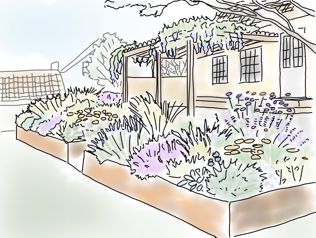 Handritad skiss för villaträdgården i Mölle med upphöjda planteringar, perennbäddar och pergola vid huset.