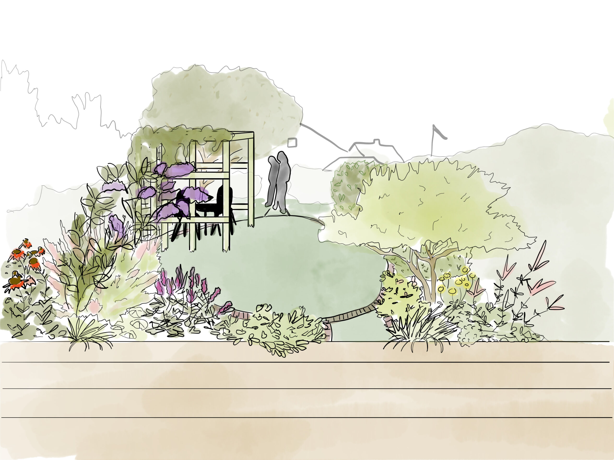 Illustration av Helsingborgsträdgården med mjukt böljande gräsmatta, blommande rabatter, buskar och en sittplats under pergola.